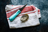 Oyster shucking knife next to oyster on top of tea towel thumbnail