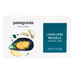 Packaging of Patagonia Provisions Lemon Herb Mussels in olive oil. 
