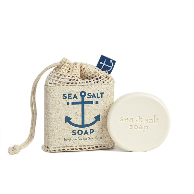 Sea Salt boxed Soap in small mesh bag next to round bar of soap