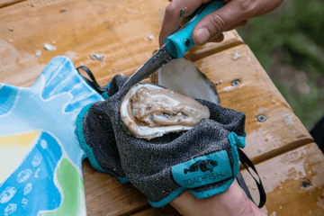 Hands shucking an oyster with oyster knife and oyster shucking cloth 